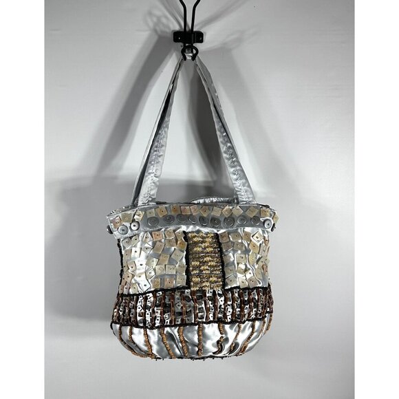 Handcrafted Statement Silver Satin Purse with Buttons & Beads Embellishments - Picture 7 of 16